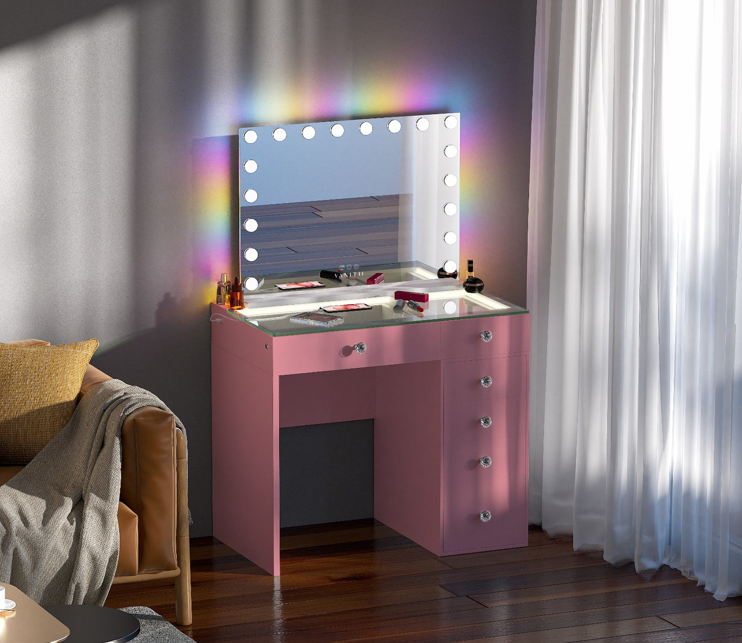 6 Drawer Vanity Desk in Pink